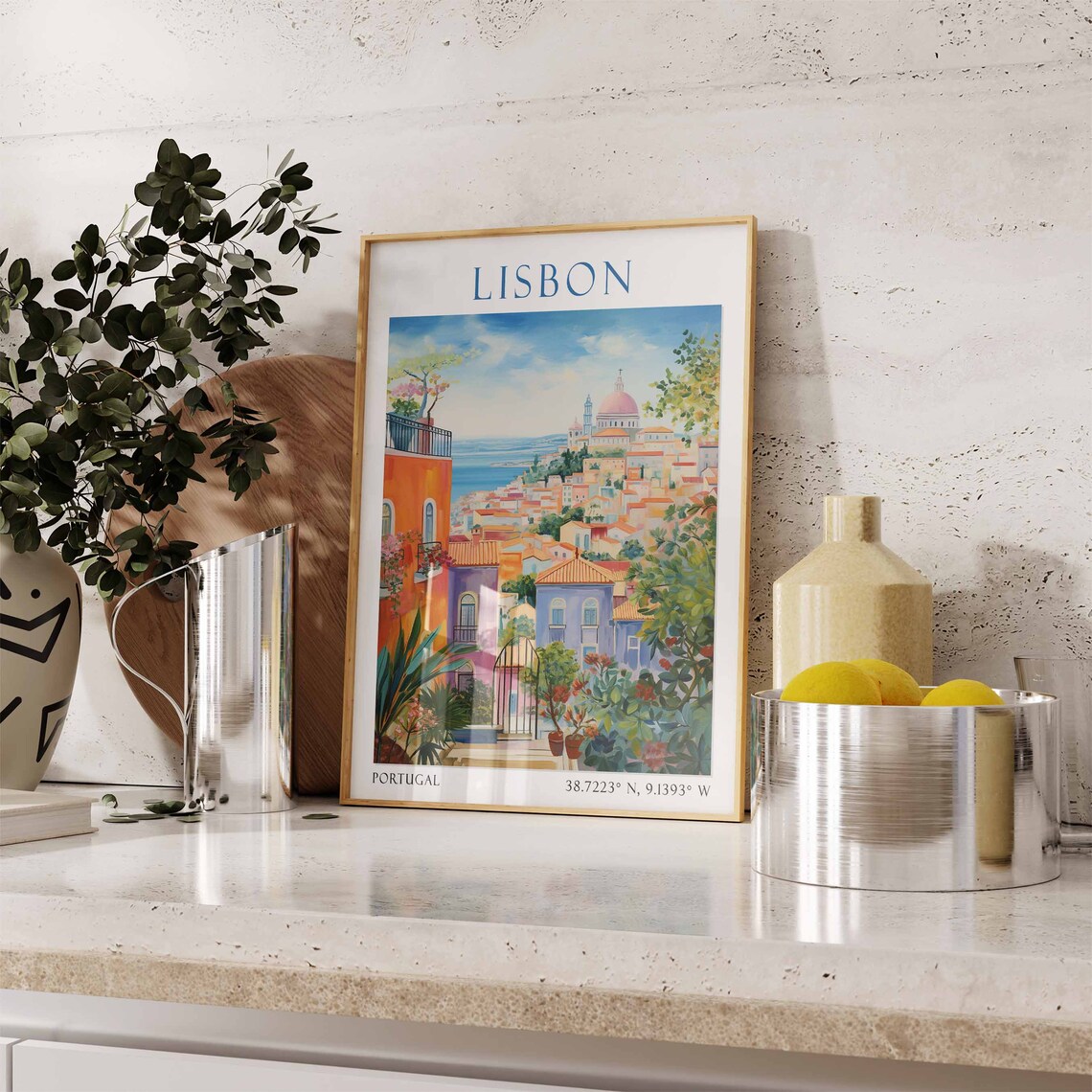 Lisbon Portugal Travel Poster Hillside Domed Church Scene Art - Image 2