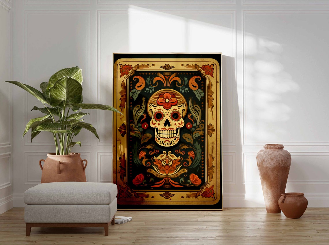 Day of the Dead Skull Gold Border Vintage Playing Card Style Poster - Image 3