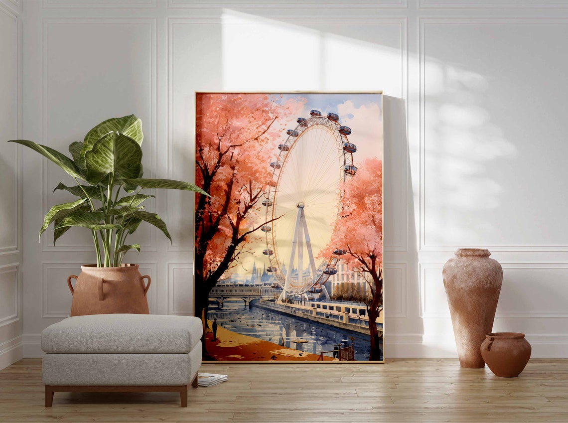 London Eye Cherry Blossom Spring Poster with Riverside Walkway - Image 3