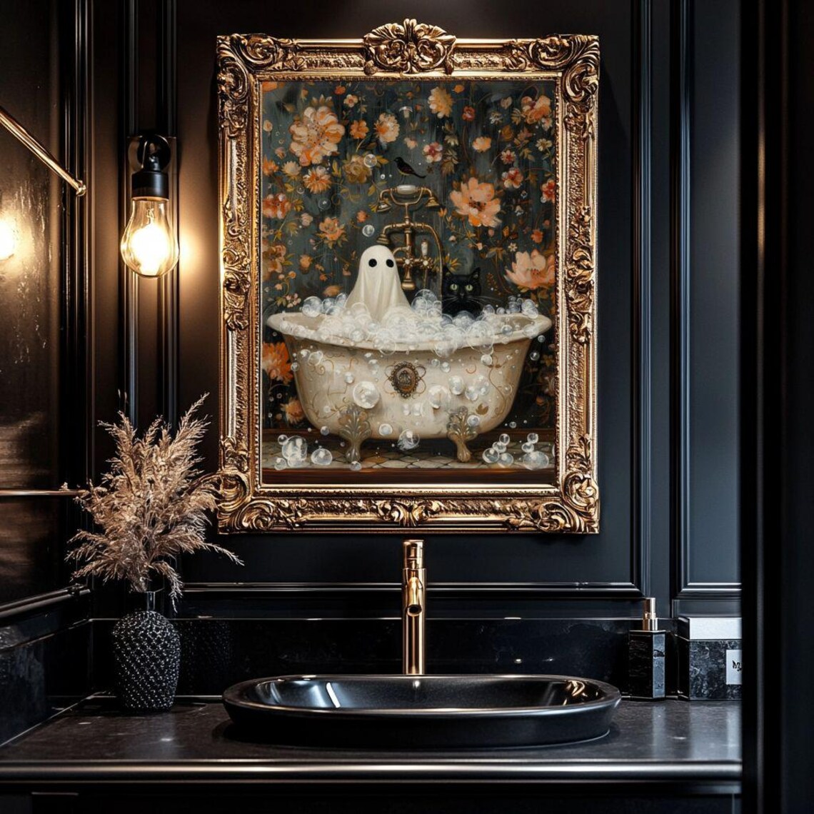 Ghost and Cat in Bathtub, Whimsigoth Halloween Poster - Image 2