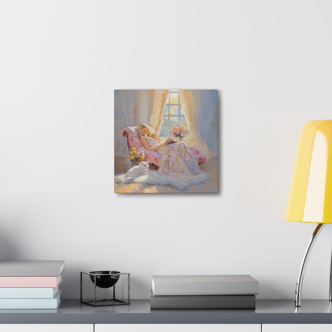 Woman Reading on a Chaise Lounge with a White Cat Sunlit Poster - Image 4