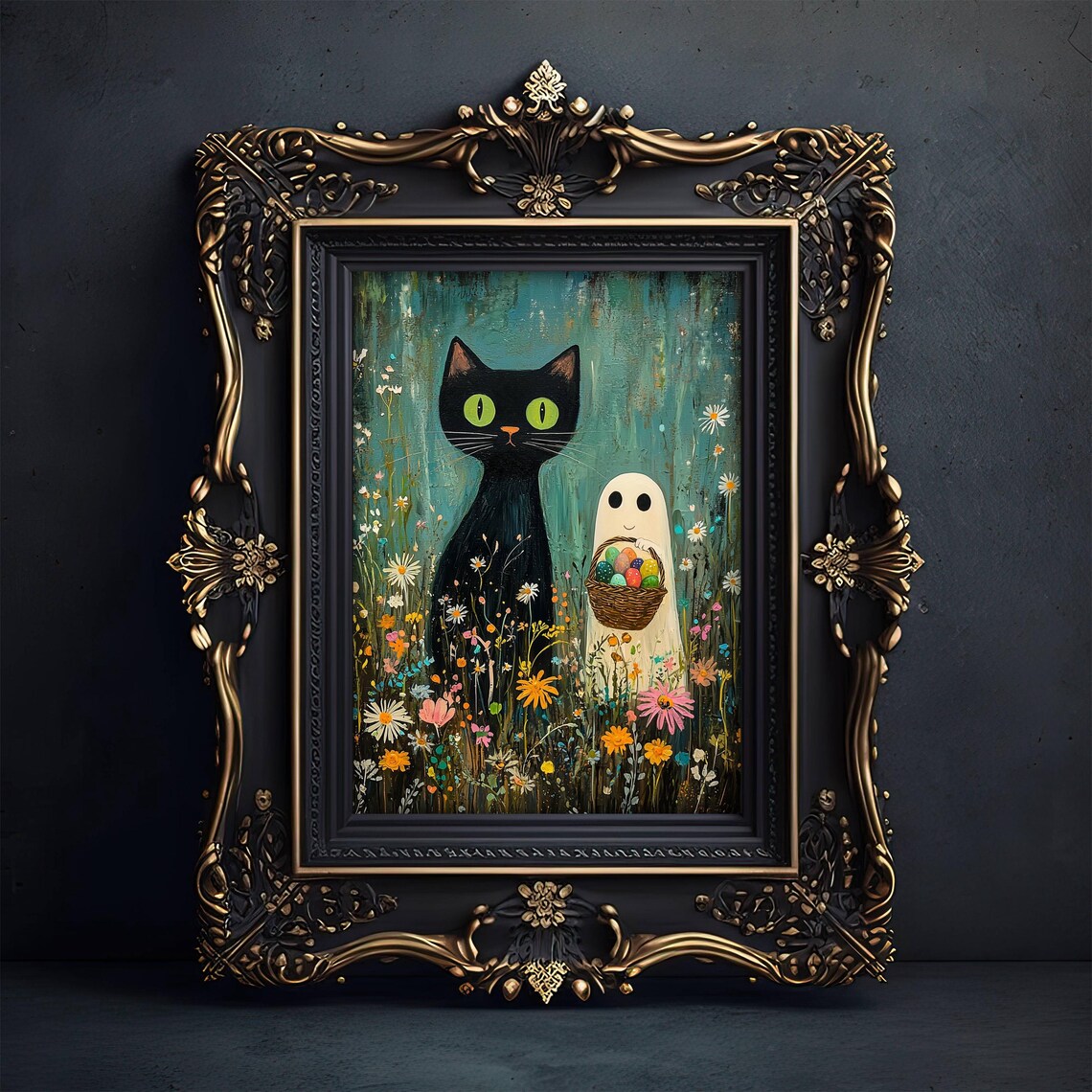 Black Cat and Tiny Ghost Hunting Easter Eggs Among Spring Wildflowers Poster - Image 7