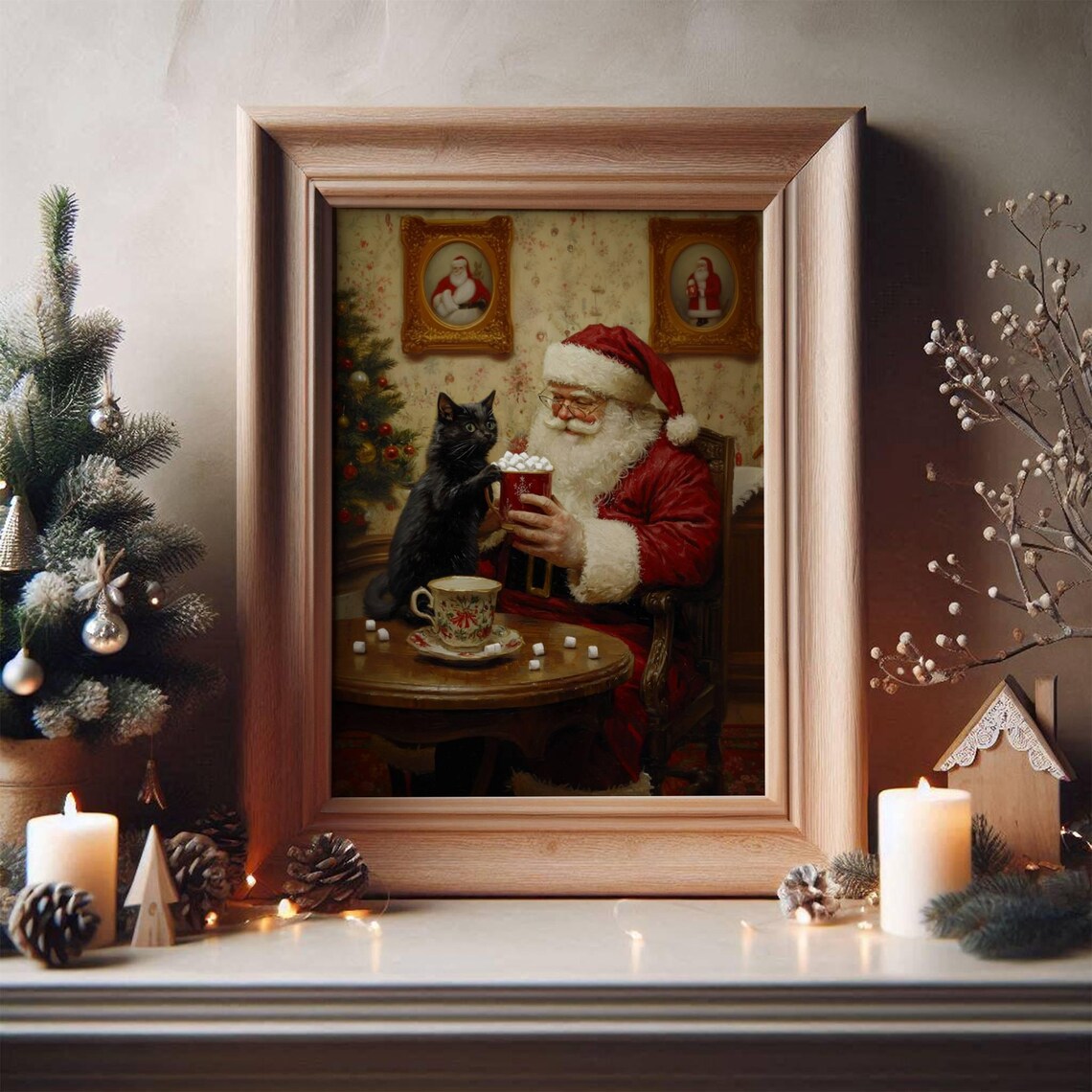 Santa Claus and Black Cat Christmas Art Print - Image 5