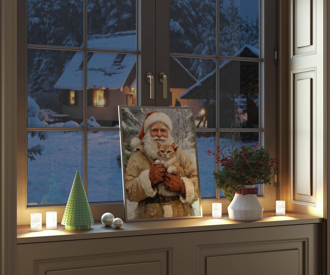 Santa Claus Holding an Orange Kitten in the Snow Christmas Poster - Image 2