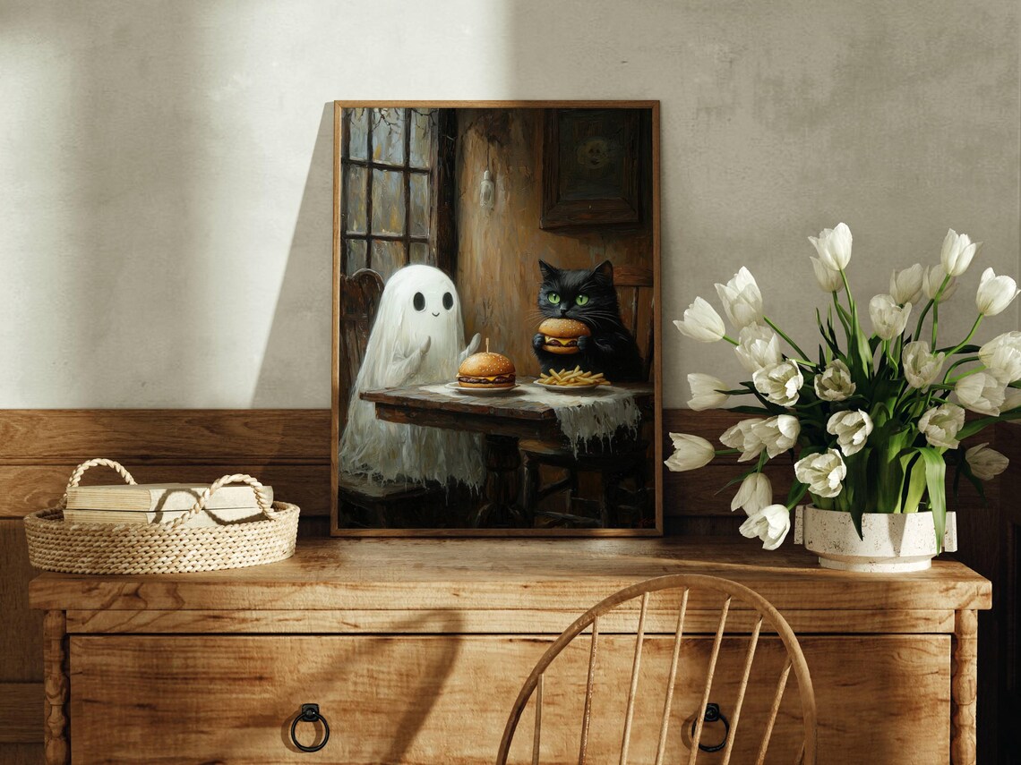 Ghost And Black Cat Sharing Burgers And Fries Funny Art Poster - Image 2