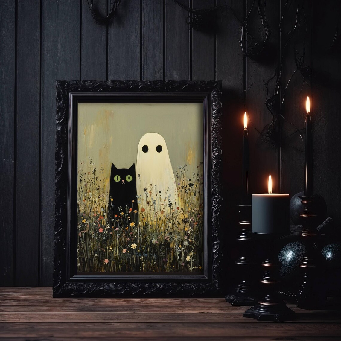 Black Cat and Ghost in Wildflowers, Whimsigoth Poster - Image 6