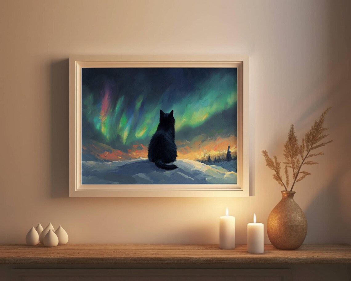 Black Cat and Aurora Borealis, Nature Art Print - Image 6
