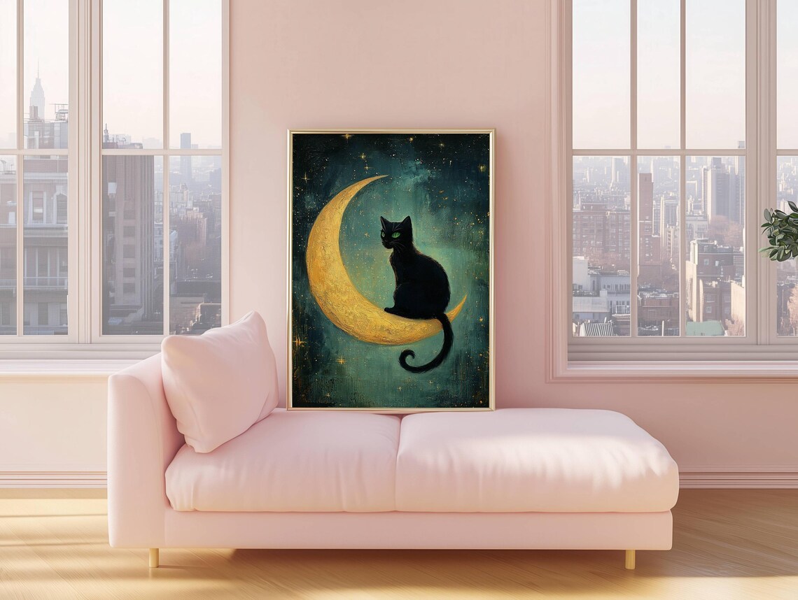 Black Cat On Crescent Moon, Whimsigoth Art Print - Image 5