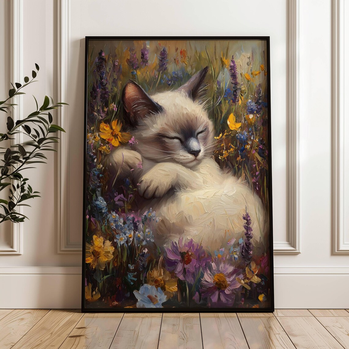 Sleeping Siamese Kitten In A Wildflower Meadow Oil Painting Poster