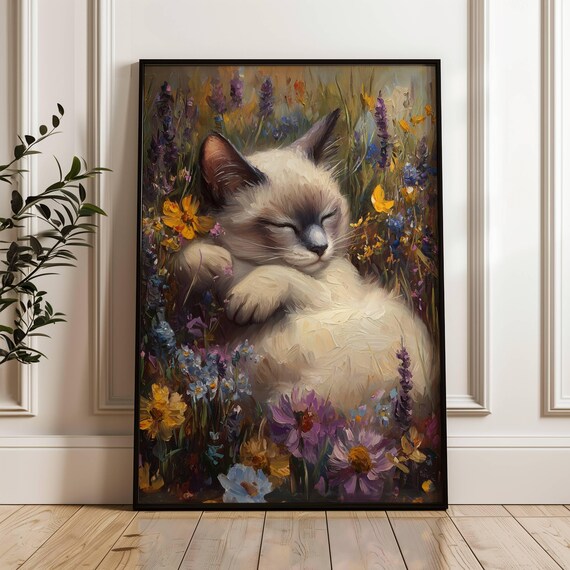 Sleeping Siamese Kitten In A Wildflower Meadow Oil Painting Poster