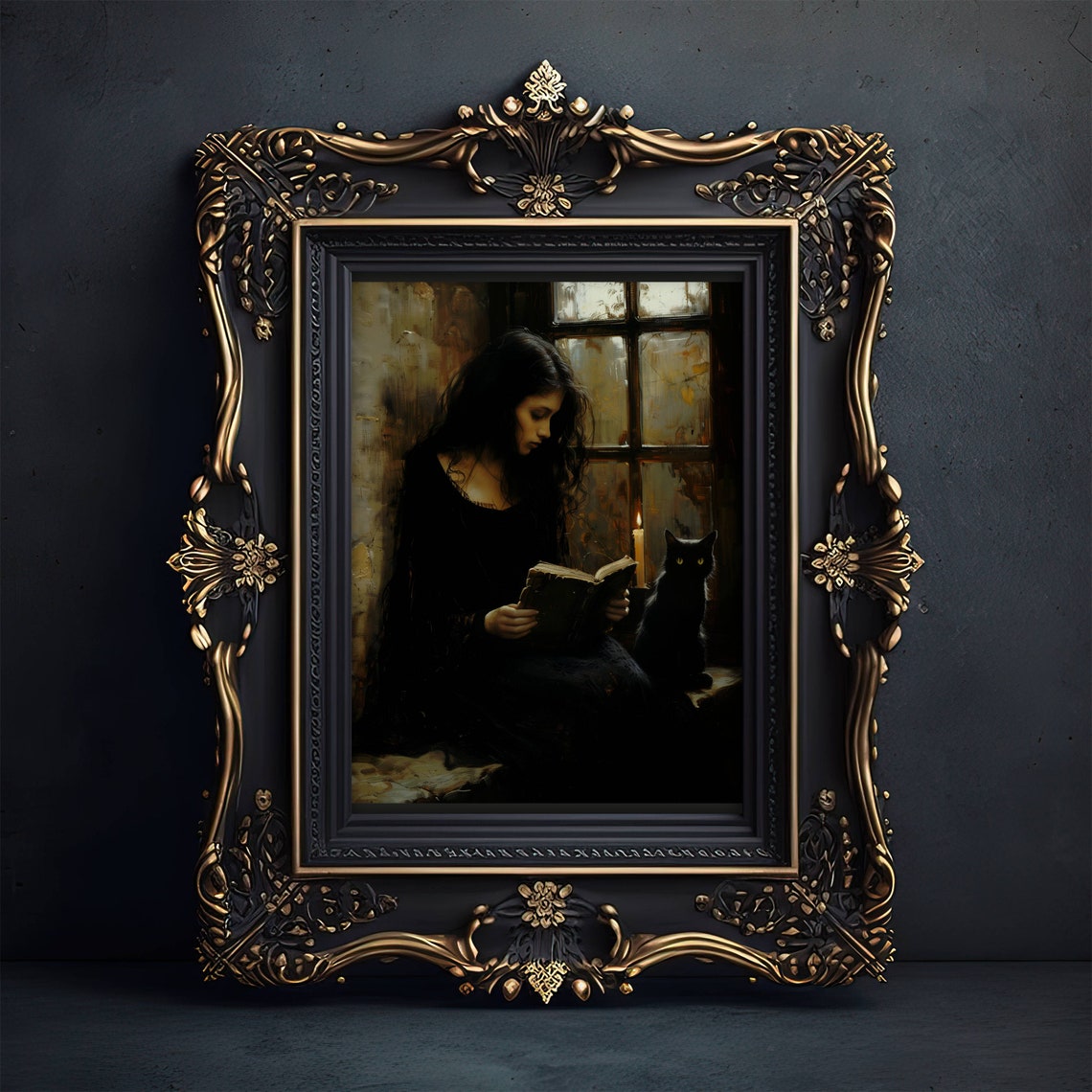 Woman Reading By Candlelight With Black Cat Dark Academia Poster - Image 2