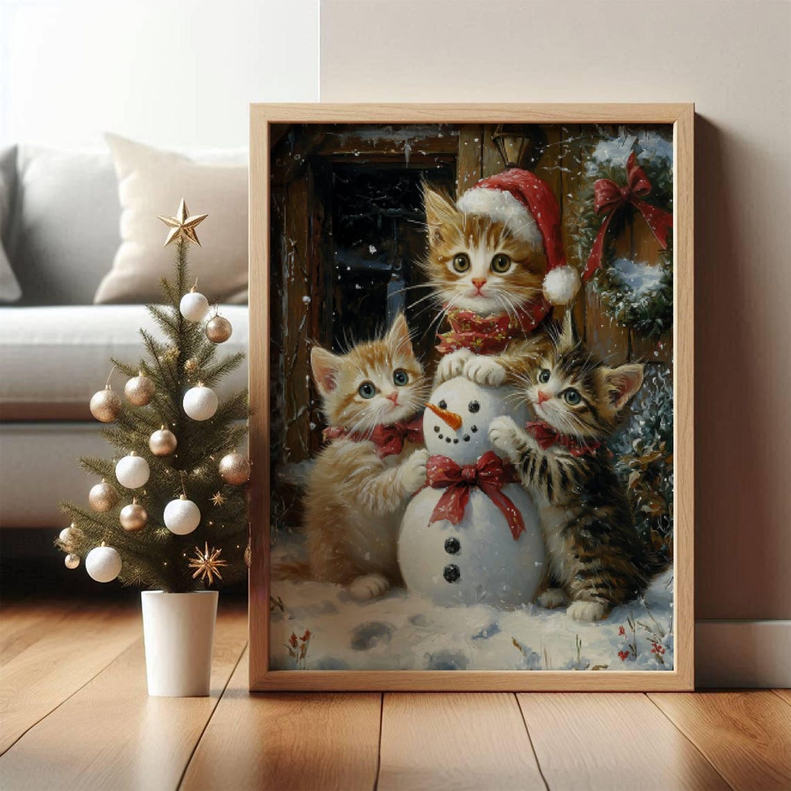 Three Kittens Building A Snowman Christmas Watercolor Poster - Image 7