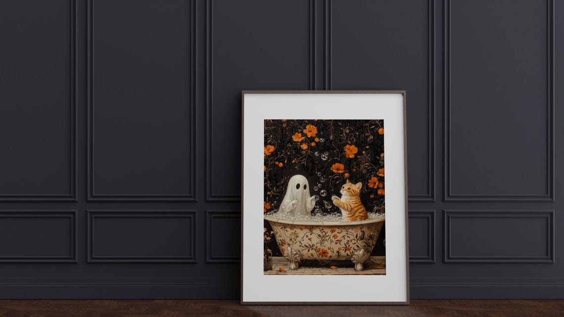 Cute Ghost and a Playful Orange Kitten in a Bubble Bath Poster - Image 2