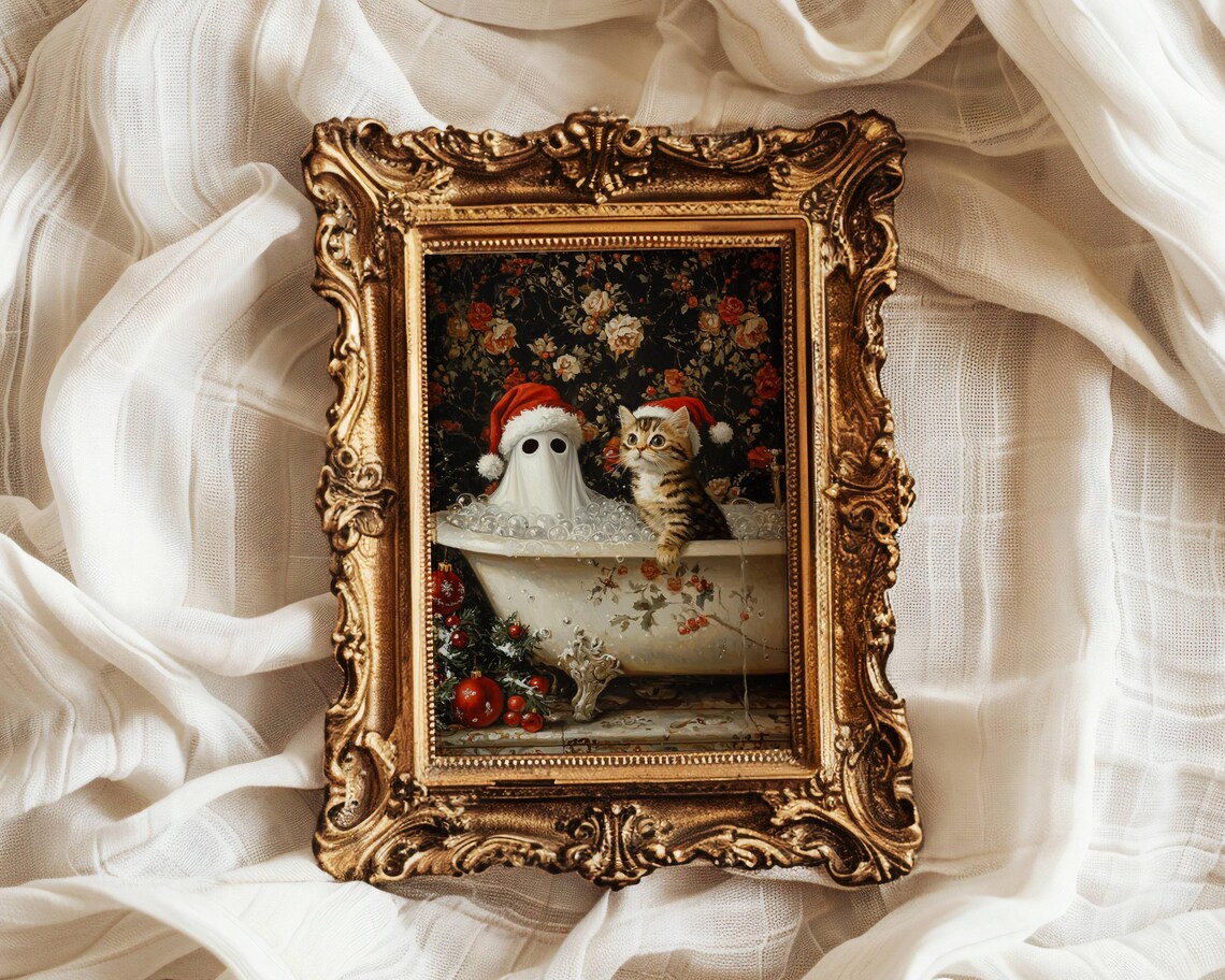 Ghost and Cat Christmas Bath Art Print, Whimsigoth - Image 7