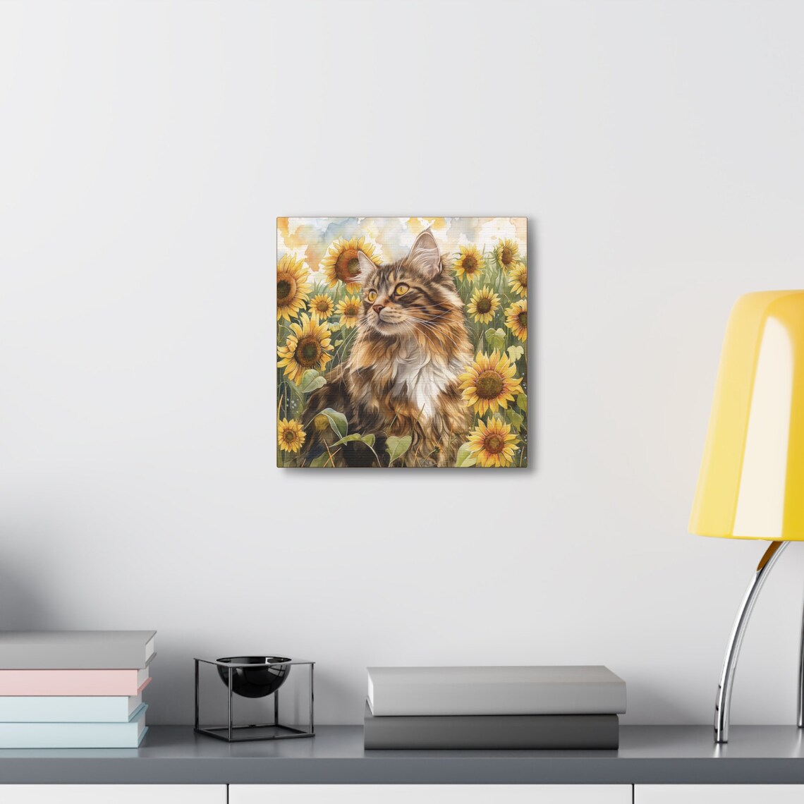 Majestic Long Haired Tabby Cat in a Sunflower Field Watercolor Poster - Image 4