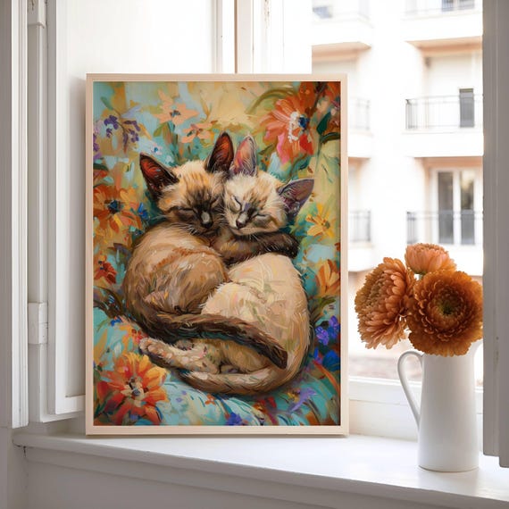 Sleeping Siamese Kittens Poster, Cute Floral Cat Art
