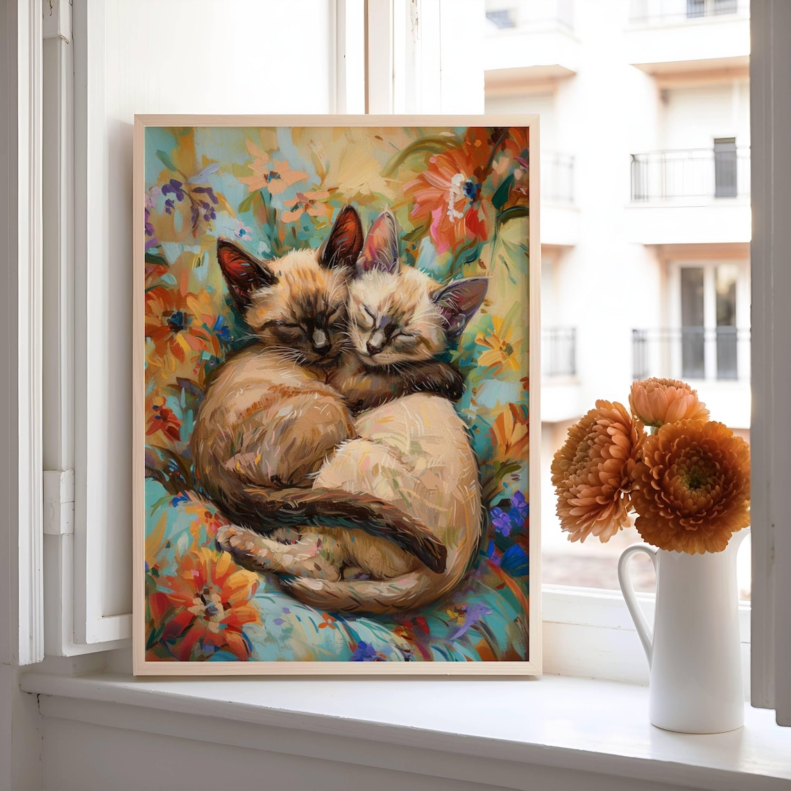 Sleeping Siamese Kittens Poster, Cute Floral Cat Art
