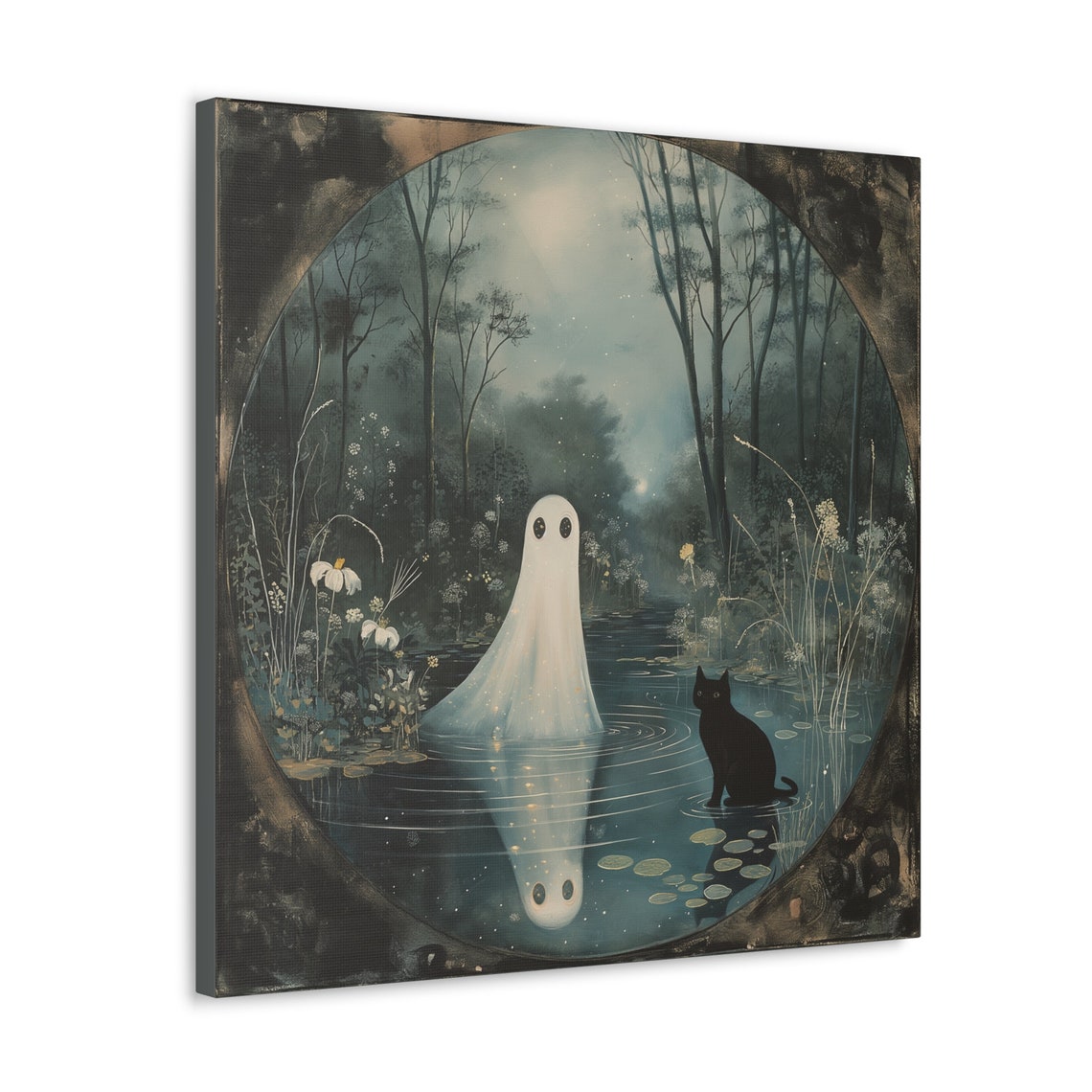 Ghost And Black Cat By A Moonlit Forest Pond Reflection Poster - Image 4