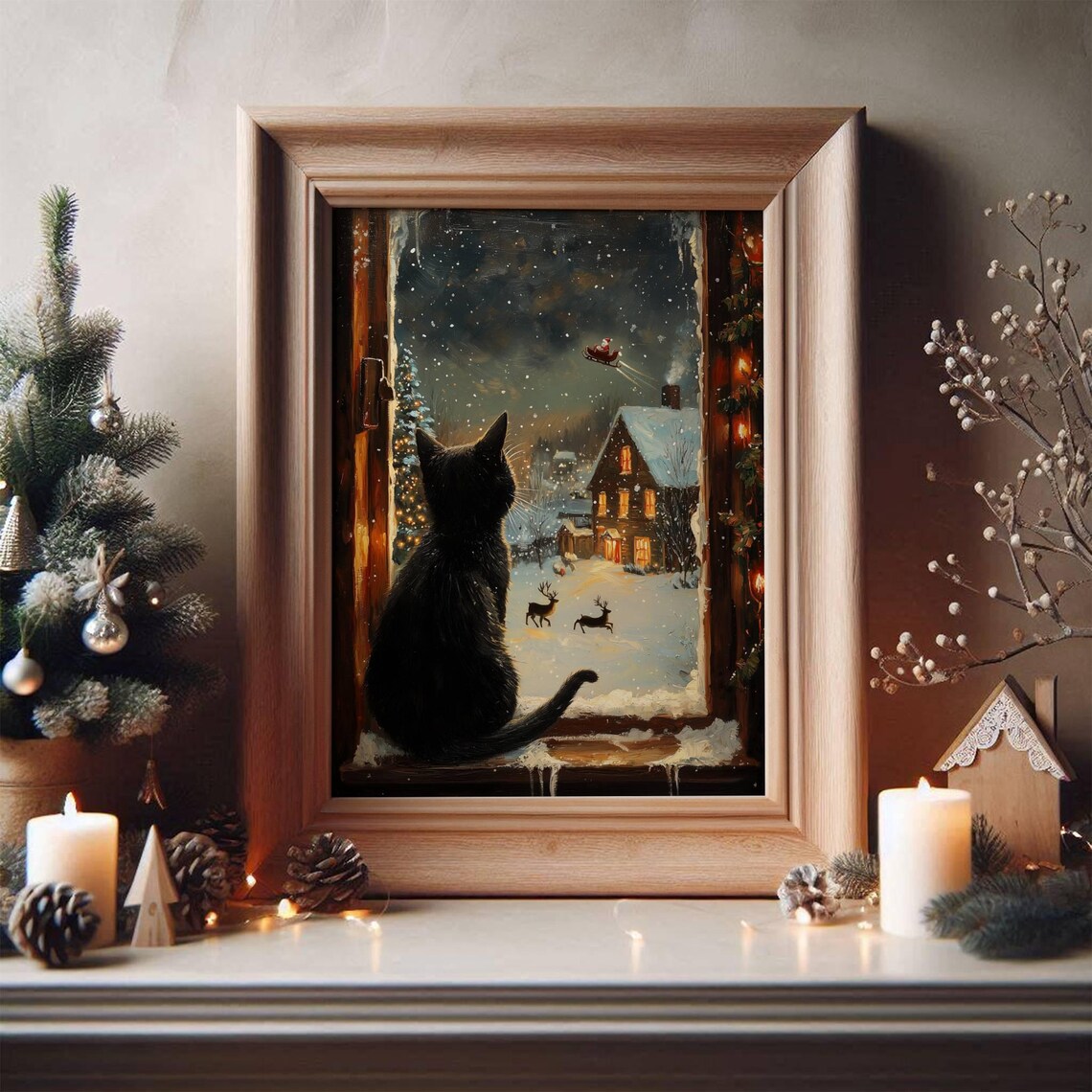 Black Cat Watching Santa Claus Christmas Poster - Image 5