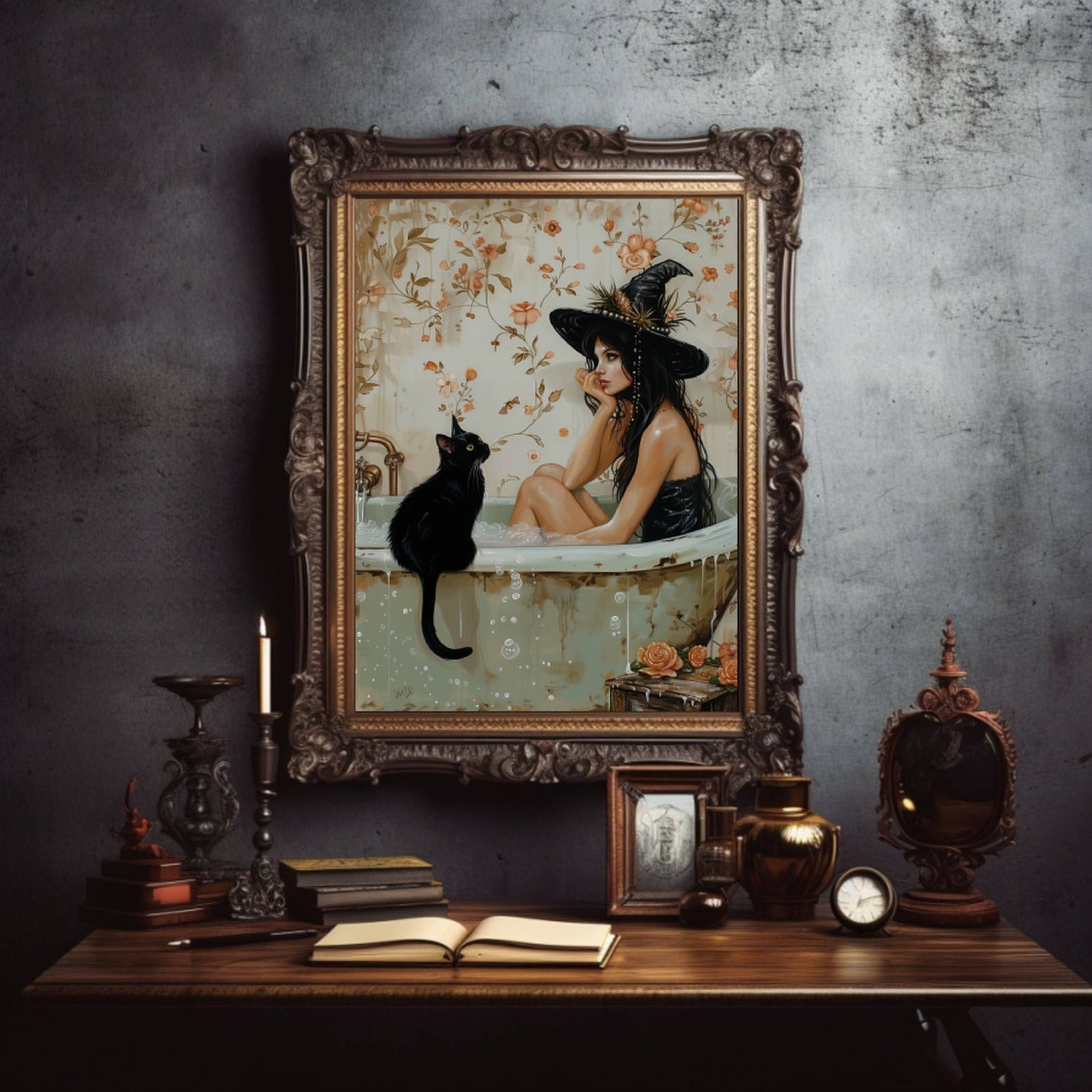 Pensive Witch Bathing In A Tub With A Black Cat Light Art Poster - Image 2