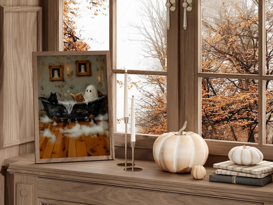 Ghost Reading Book in Bathtub Cat Wall Art Print - Image 2
