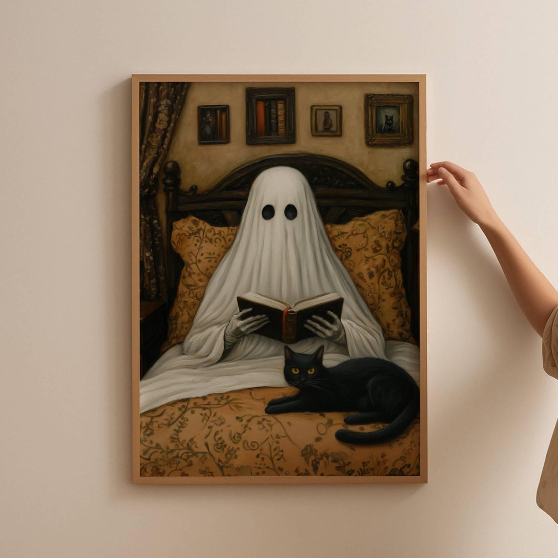 Ghost Reading In Bed With A Black Cat Funny Dark Academia Poster - Image 2
