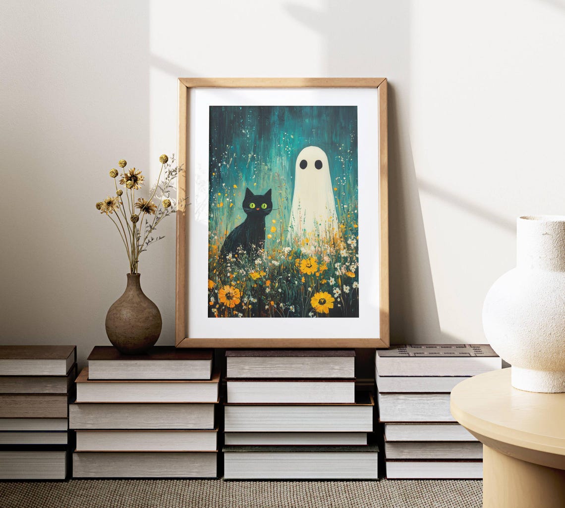 Black Cat and Ghost in Wildflowers Under a Starry Teal Sky Poster - Image 3