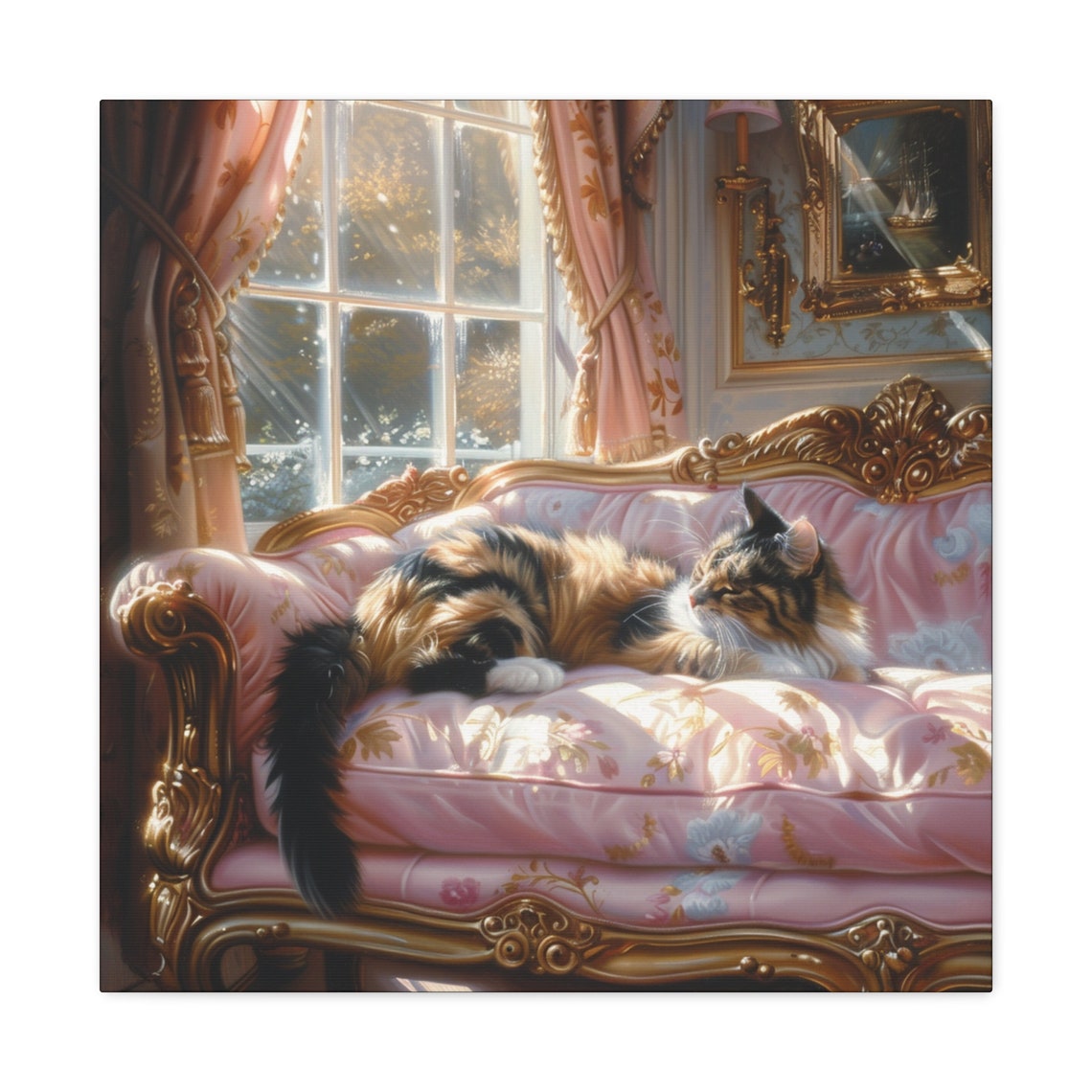 Long Haired Calico Cat Reclining on a Pink Victorian Sofa Poster - Image 2