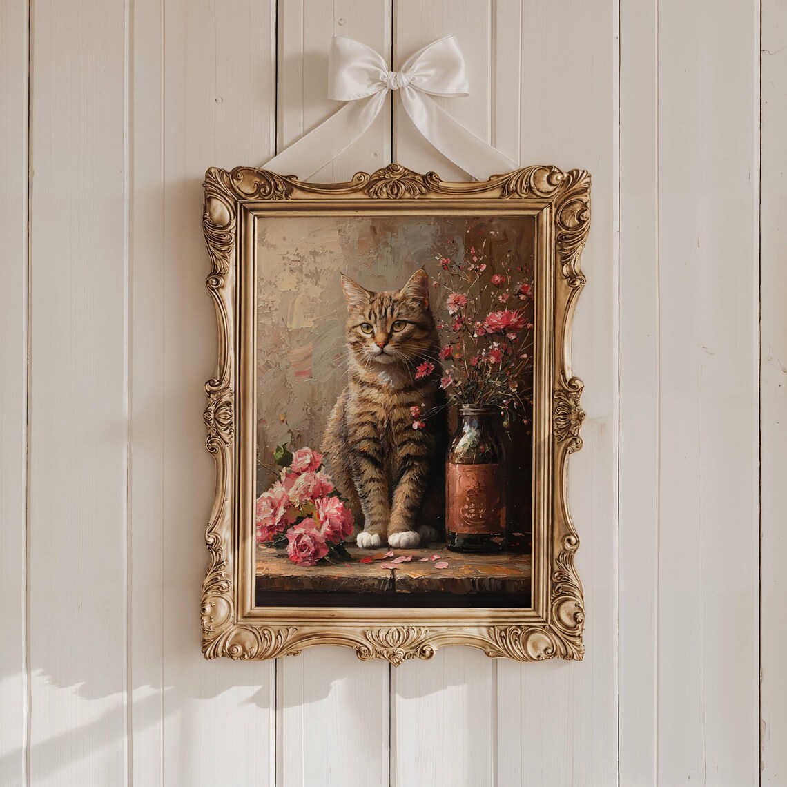 Regal Tabby Cat Sitting Gracefully Among Pink Roses and a Vintage Bottle Poster - Image 5