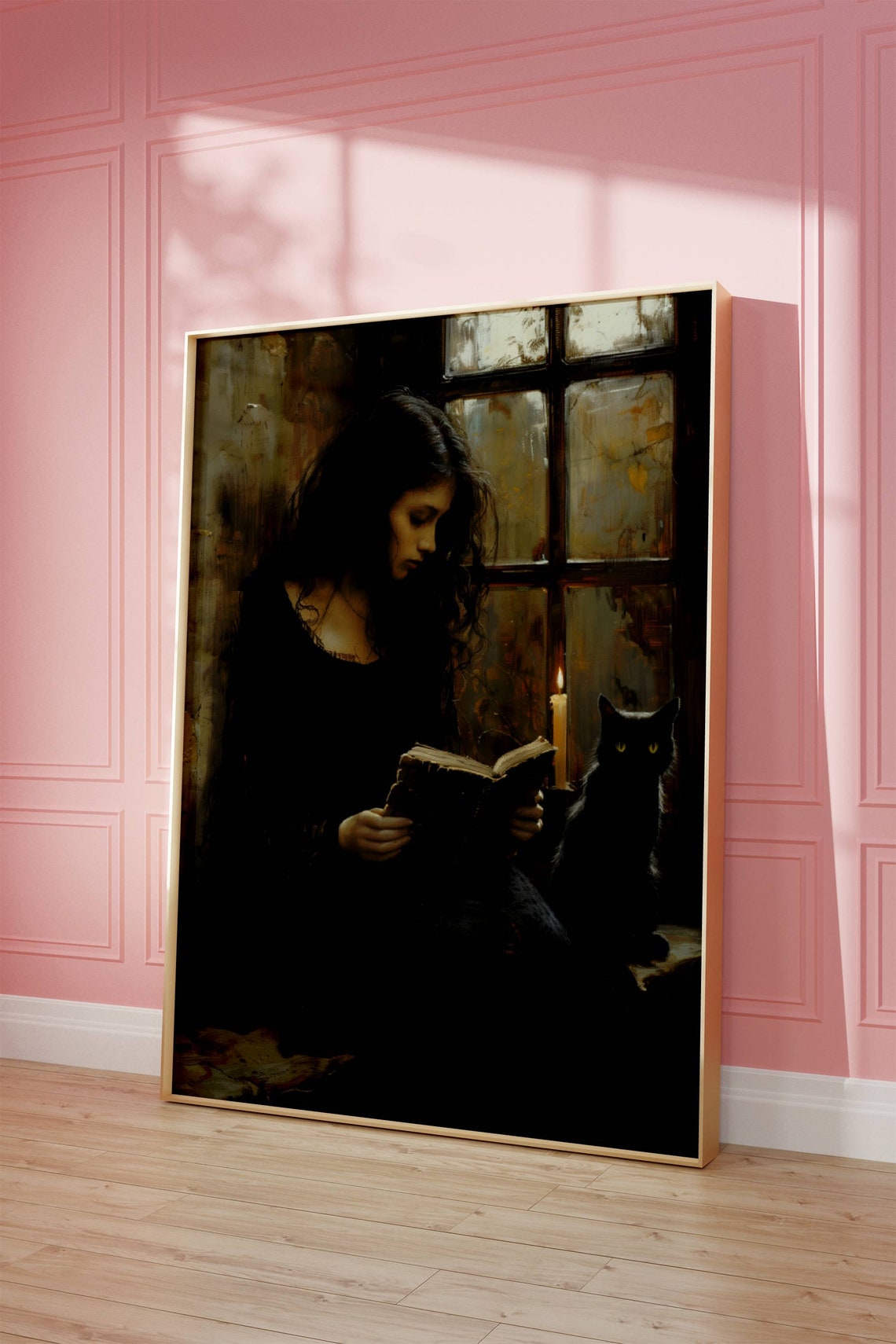 Woman Reading By Candlelight With Black Cat Dark Academia Poster - Image 7