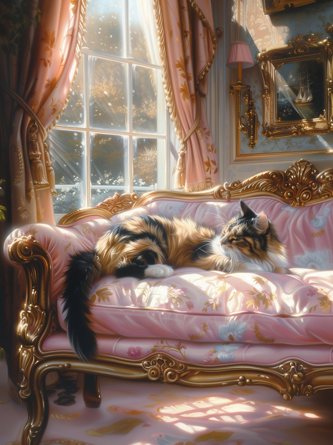 Long Haired Calico Cat Lounging On A Pink Baroque Chaise Poster - Image 3