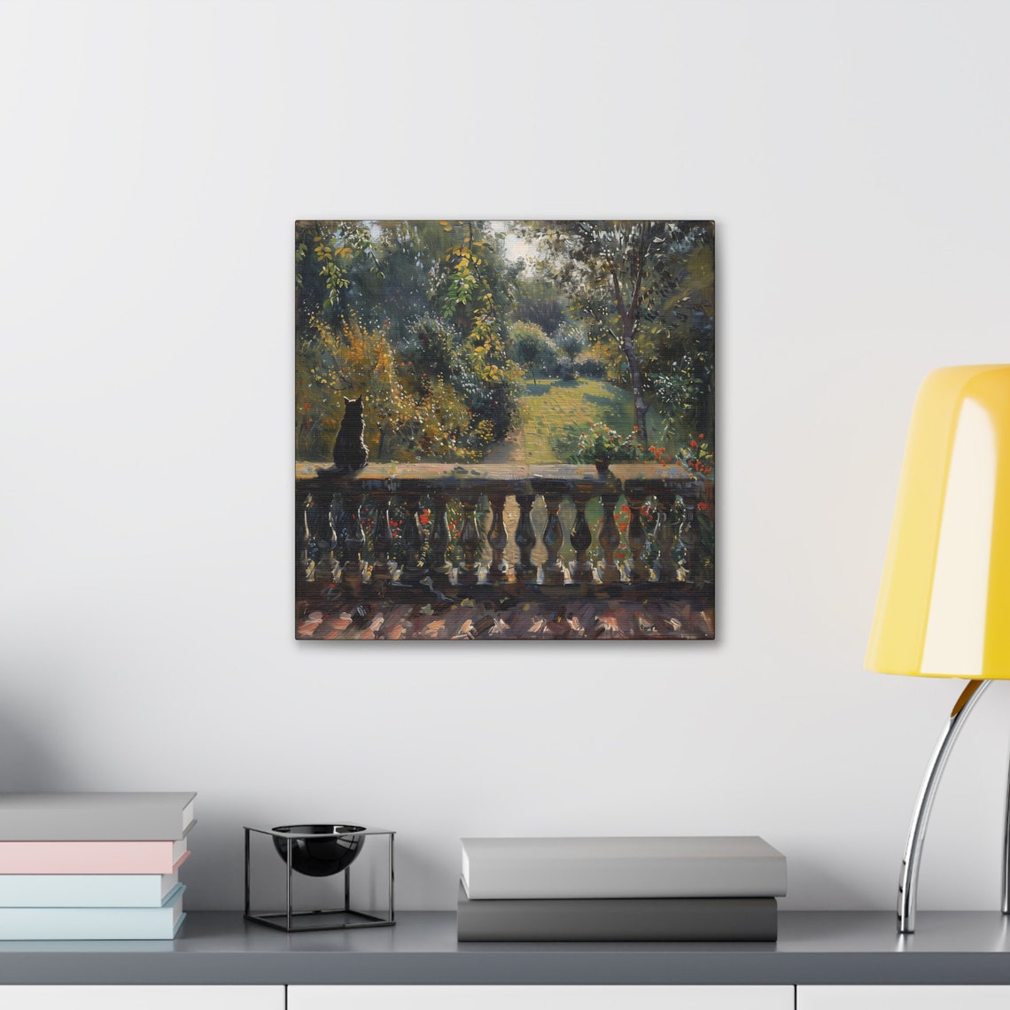 Black Cat Overlooking A Sunlit Garden From A Stone Balcony Poster - Image 5