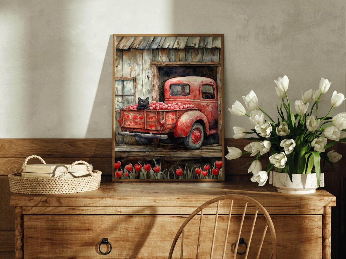 Black Cat in a Vintage Truck Full of Valentine Hearts Poster - Image 7