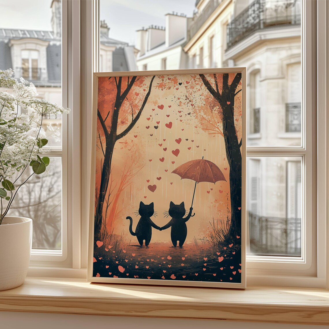 Cats In The Rain Valentine Art Print, Cute Cat Couple