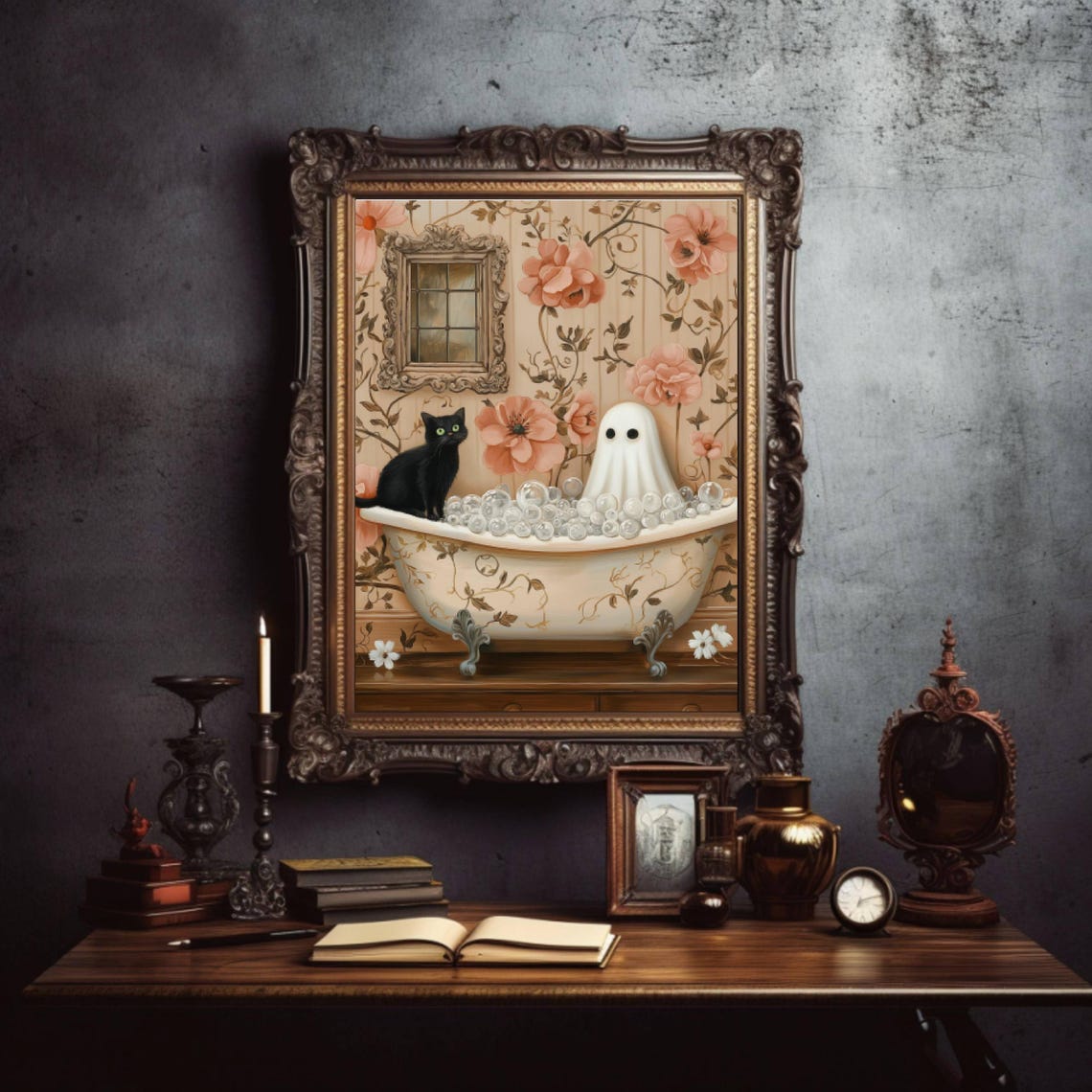 Cute Ghost and Black Cat Sharing a Floral Bubble Bath Poster - Image 4