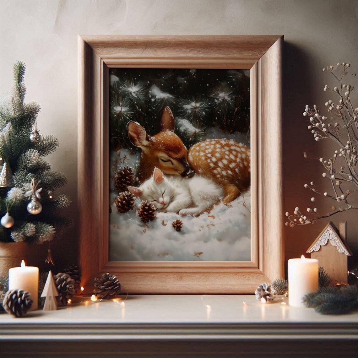 Fawn And White Cat Christmas Art Print, Holiday Decor - Image 4