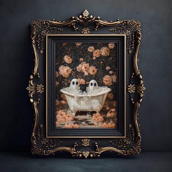Ghosts And Black Pug In Bubble Bath Poster Spooky Cute Bathroom Print Halloween Home Decor Dog Lover Gift Whimsigoth Unframed