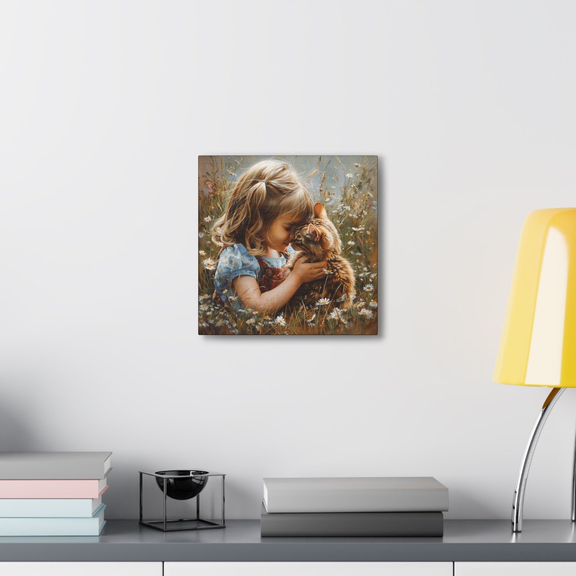 Young Girl Hugging Tabby Kitten in Daisy Meadow Painting Poster - Image 6
