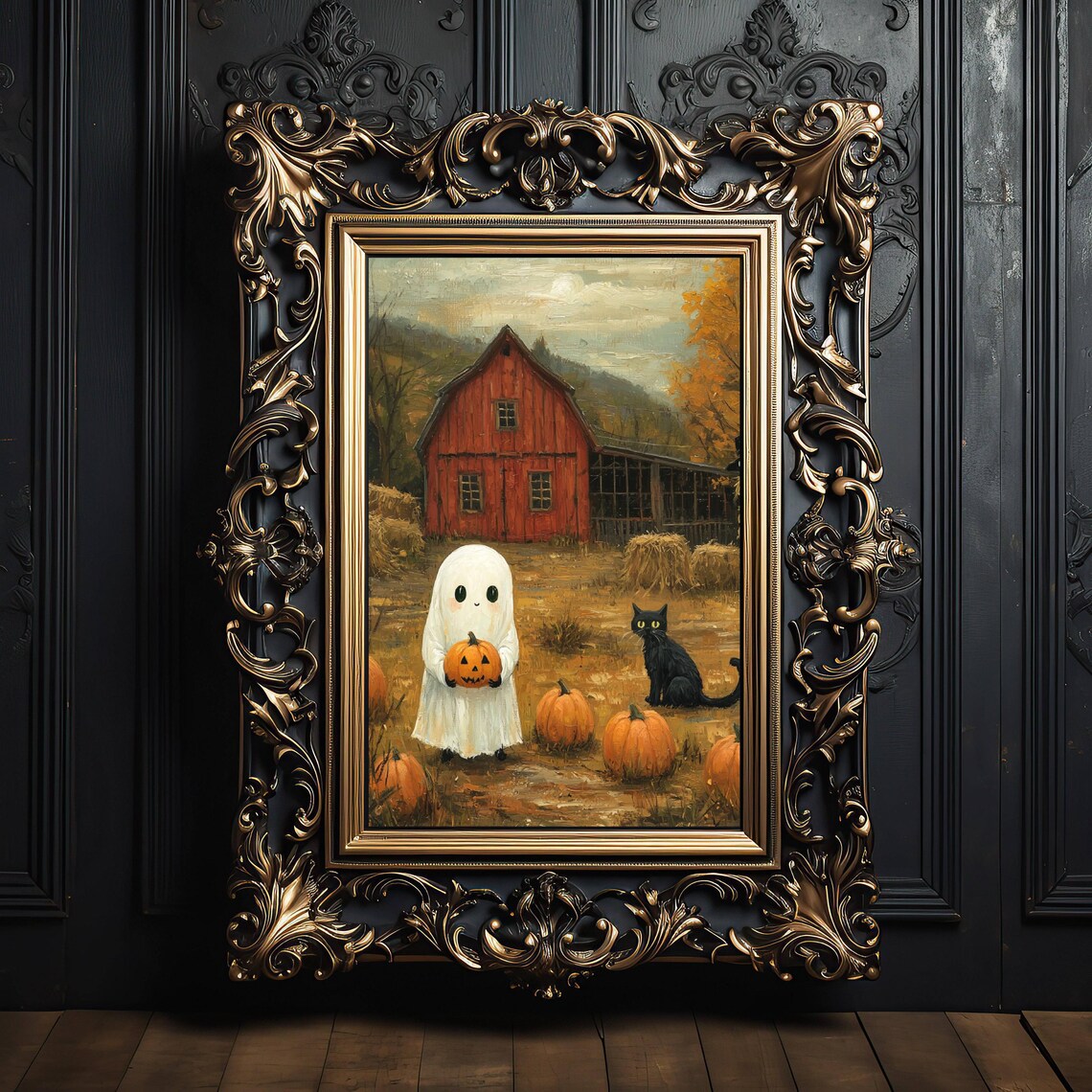 Ghost and Cat in Pumpkin Patch, Whimsigoth Poster - Image 3