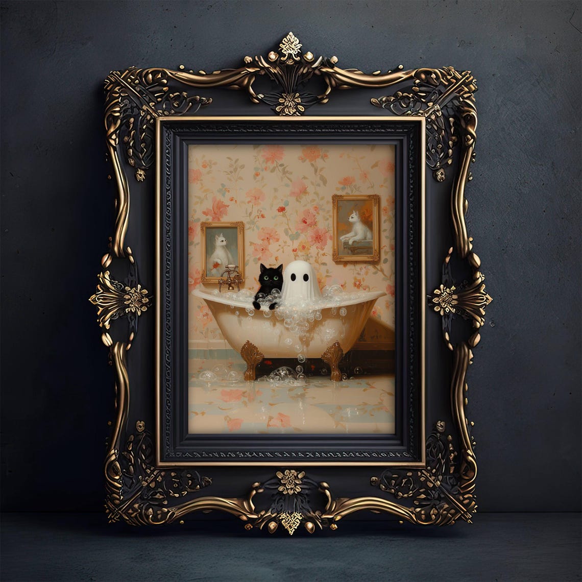 Ghost and Black Cat in an Overflowing Bubble Bath Vintage Poster