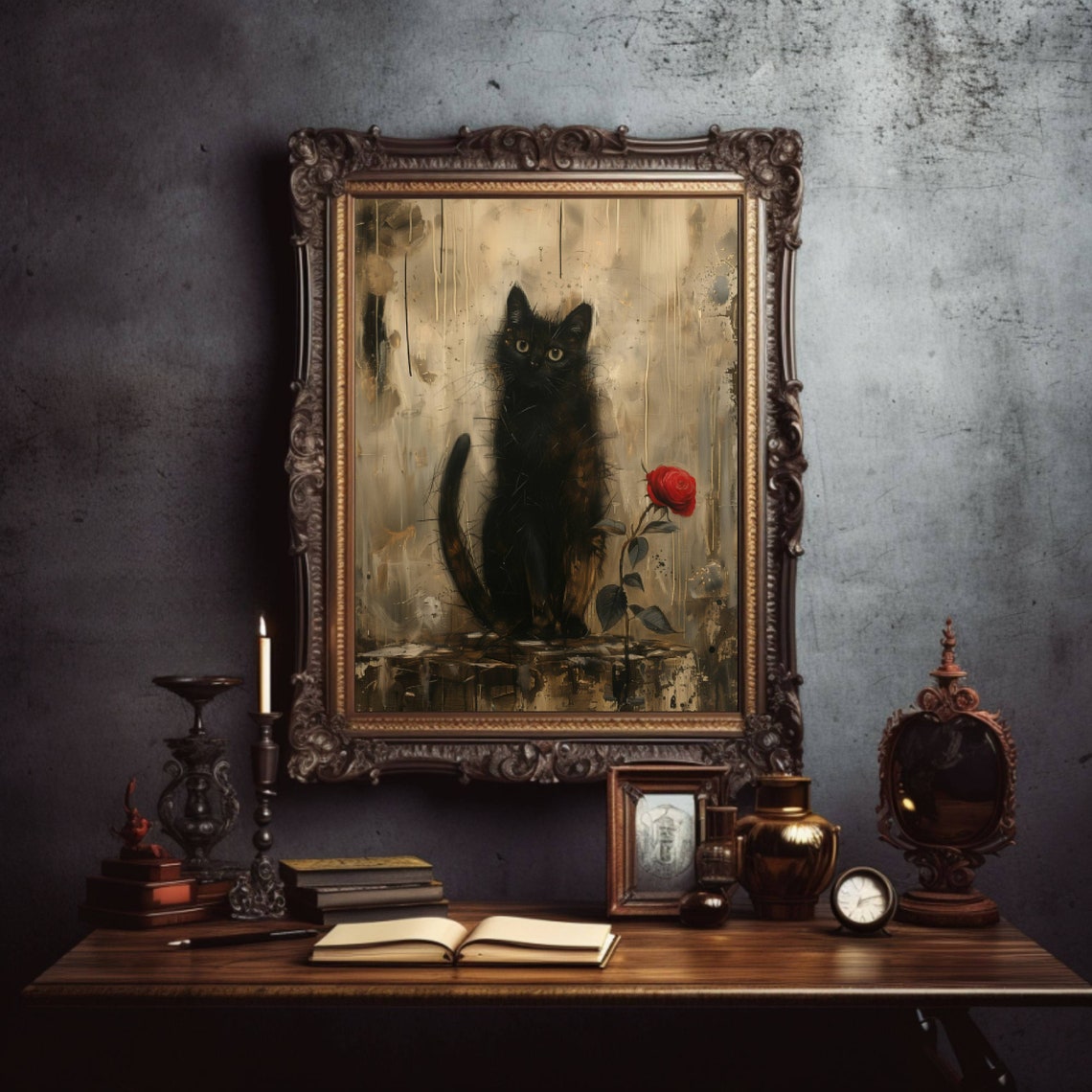 Black Cat Beside A Single Red Rose Dark Gothic Oil Style Poster - Image 4