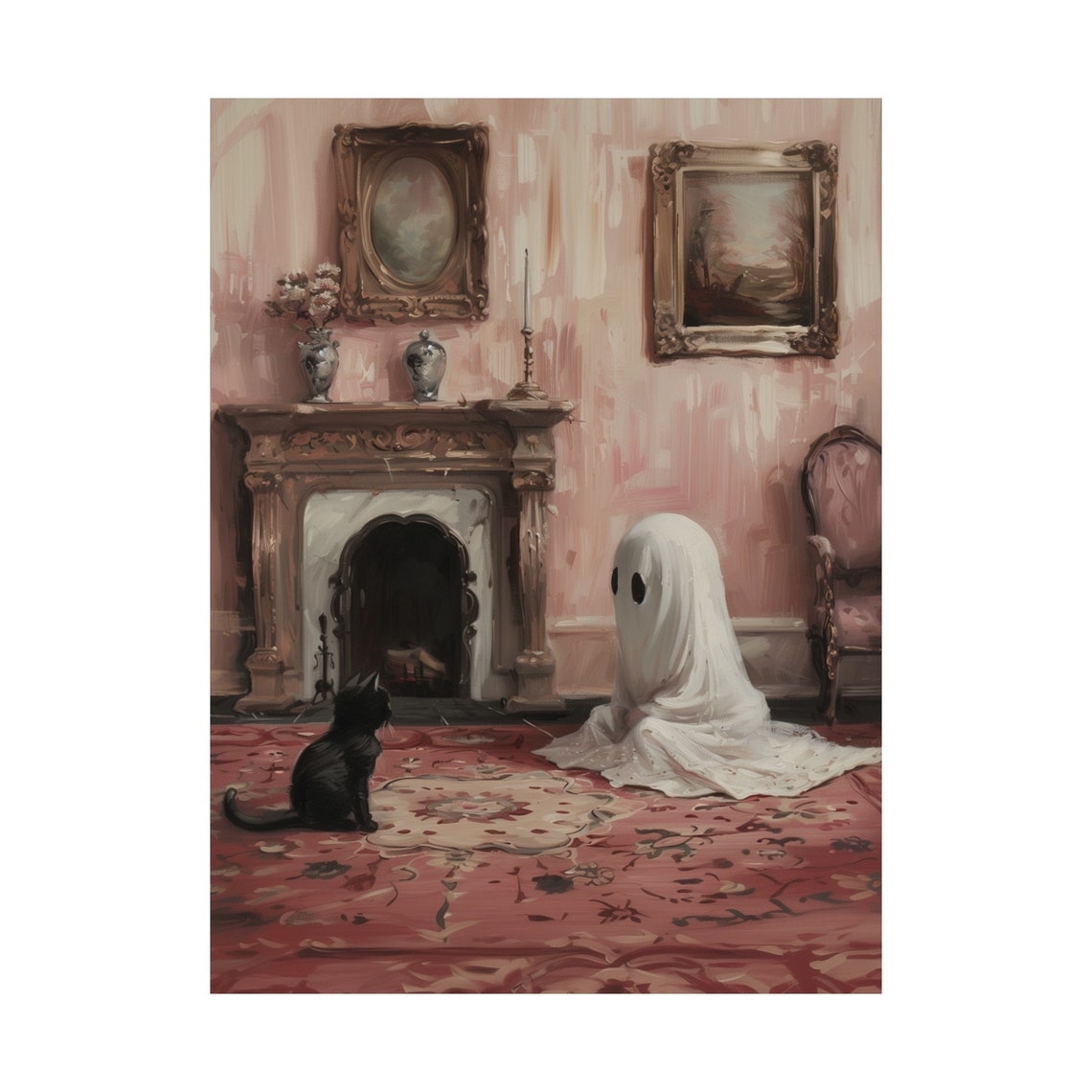 Cute Ghost And Black Cat Meeting In A Victorian Parlor Art Poster - Image 2