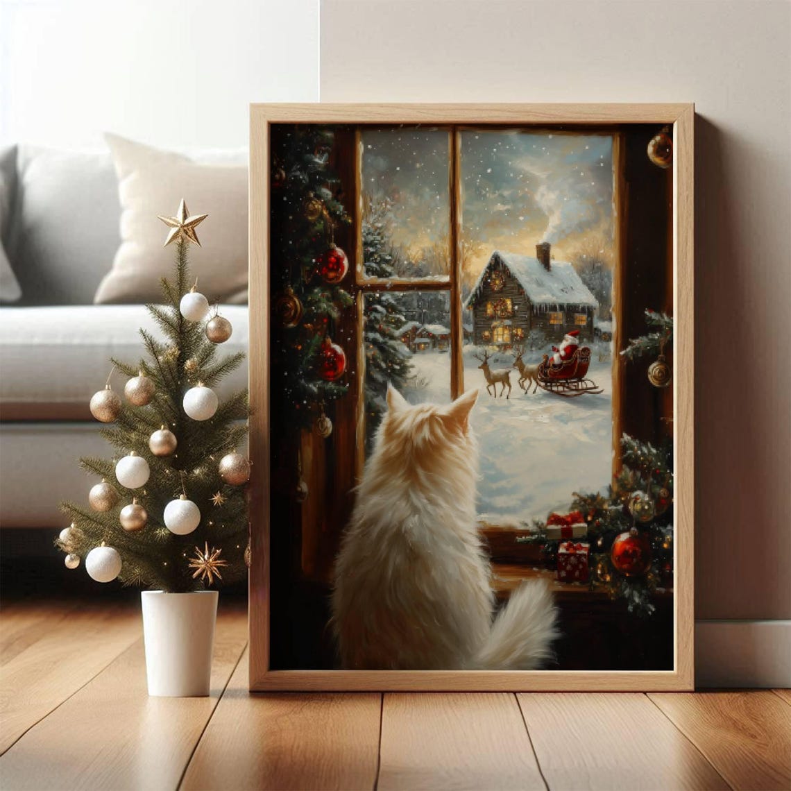 White Fluffy Cat Watching Santa Sleigh Through a Snowy Window Poster - Image 6