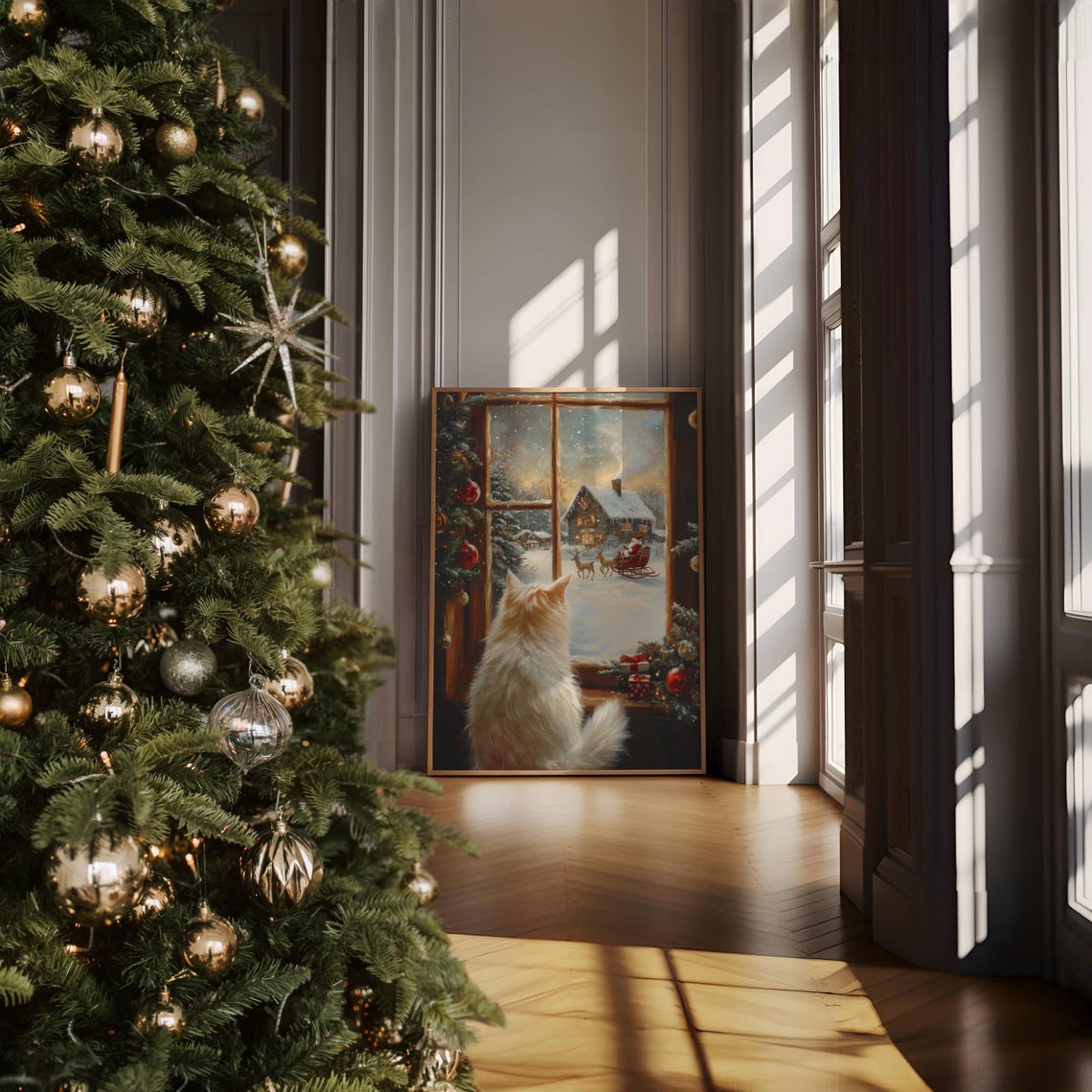 White Fluffy Cat Watching Santa Sleigh Through a Snowy Window Poster - Image 3
