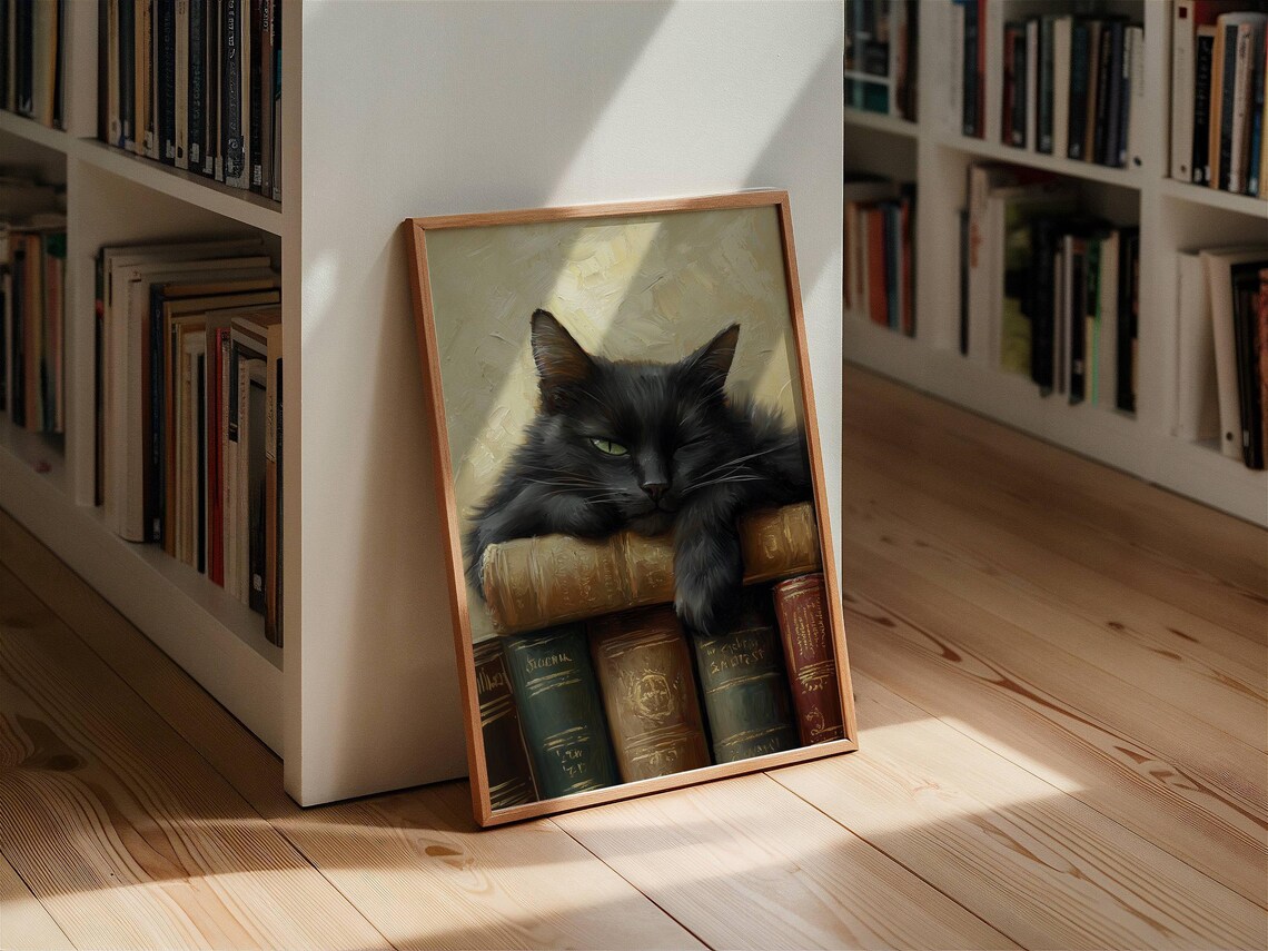 Cozy Black Cat and Books, Light Academia Art Print - Image 3