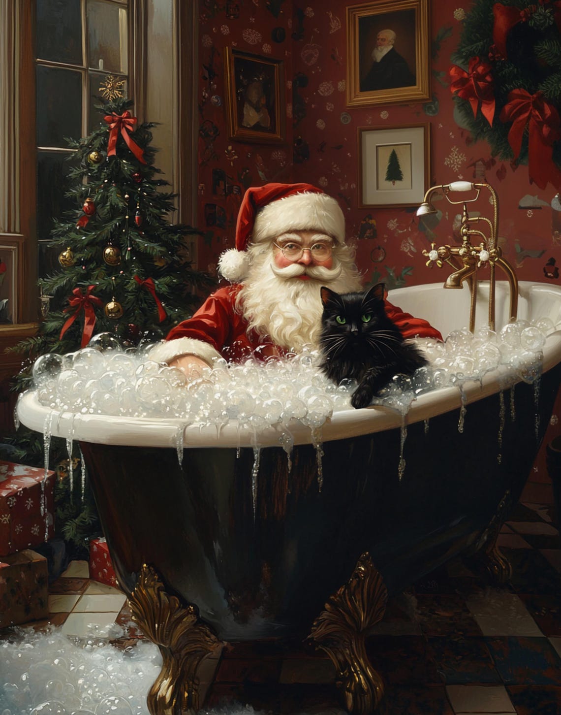 Santa Claus Taking a Bubble Bath With a Black Cat Christmas Poster - Image 3