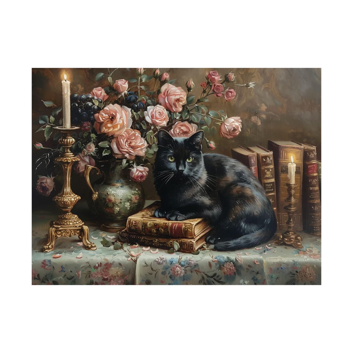 Black Cat On Vintage Books With Pink Roses And Lit Candles Poster - Image 3
