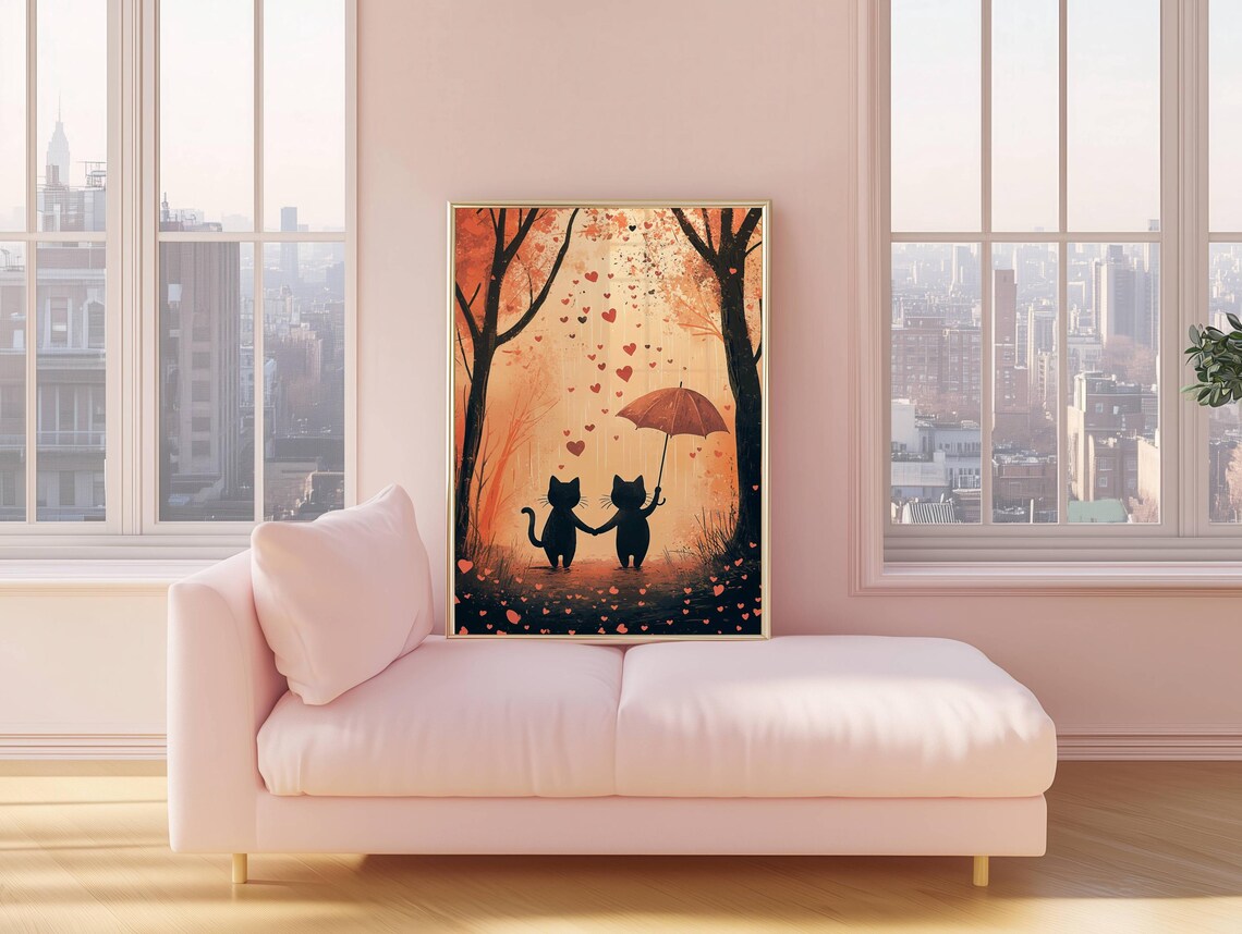 Cats In The Rain Valentine Art Print, Cute Cat Couple - Image 6