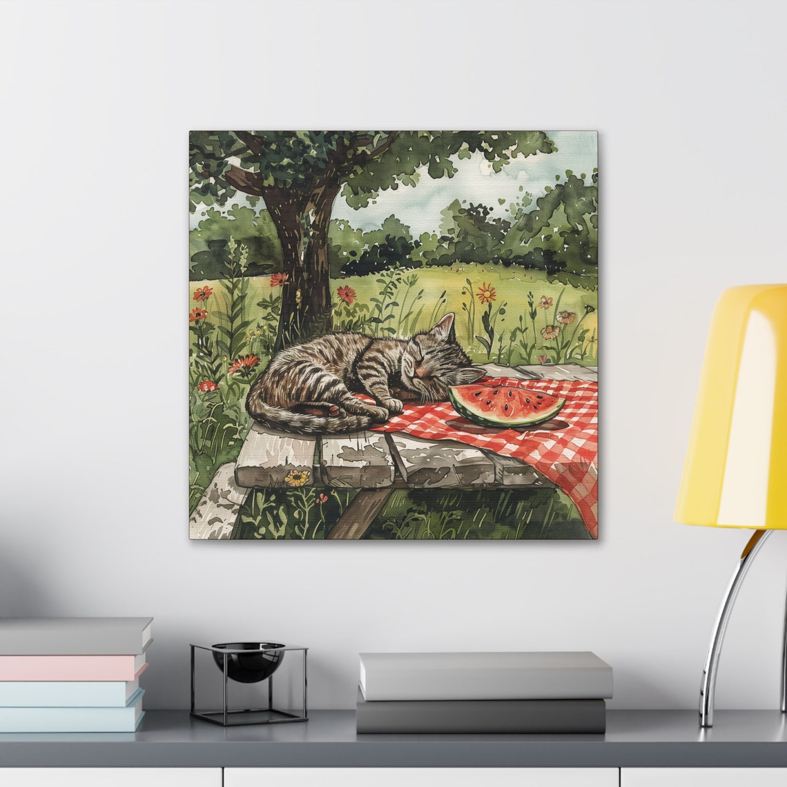 Tabby Cat Napping on Picnic Table With Watermelon Summer Poster - Image 3