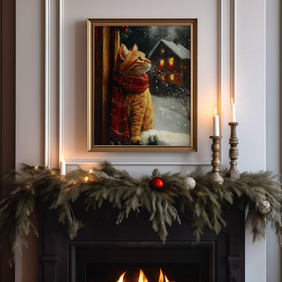 Ginger Cat Christmas Art Print, Festive Holiday - Image 4